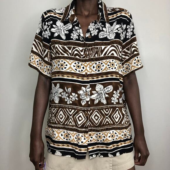 VINTAGE | 1990s Neutral Tropical Tribal Abstract Print Camp Hawaiian Shirt - Picture 3 of 8